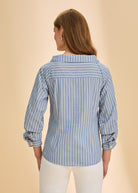 Back view of blue striped shirt displaying collar and cuff detail by French Dressing Jeans (FDJ)