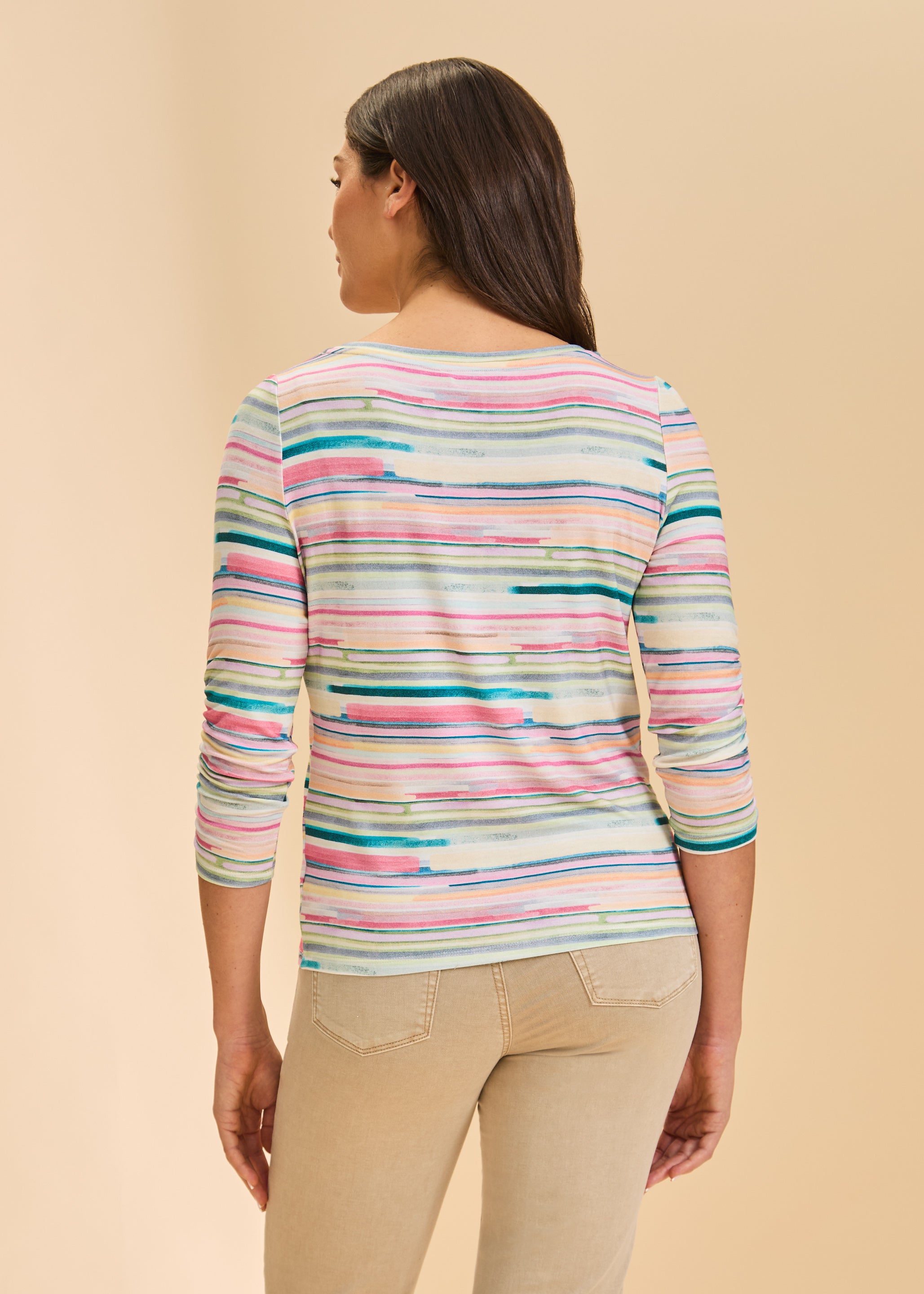Back view of multicolored striped top showcasing seamless design by French Dressing Jeans (FDJ)