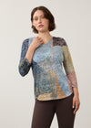 Front view of 3/4 sleeve notch neck top in Warn color with abstract pattern by French Dressing Jeans (FDJ)