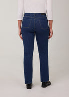 Back view of tapered straight leg jeans in Delight color with patch pockets by French Dressing Jeans (FDJ)