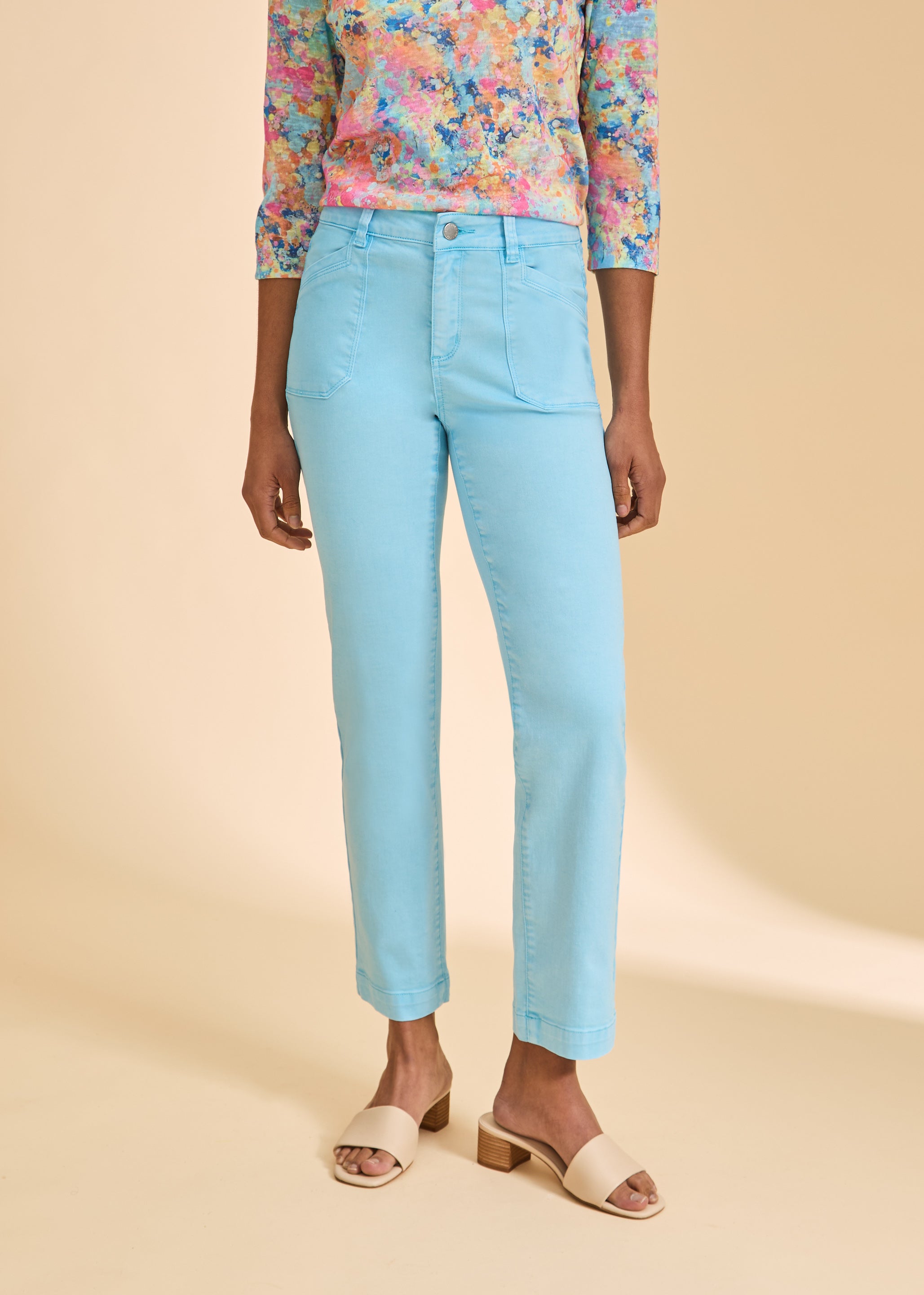 Close-up of Pacific Blue pants with front pockets by French Dressing Jeans (FDJ)