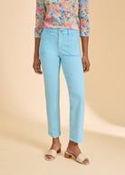 Close-up of Pacific Blue pants with front pockets by French Dressing Jeans (FDJ)