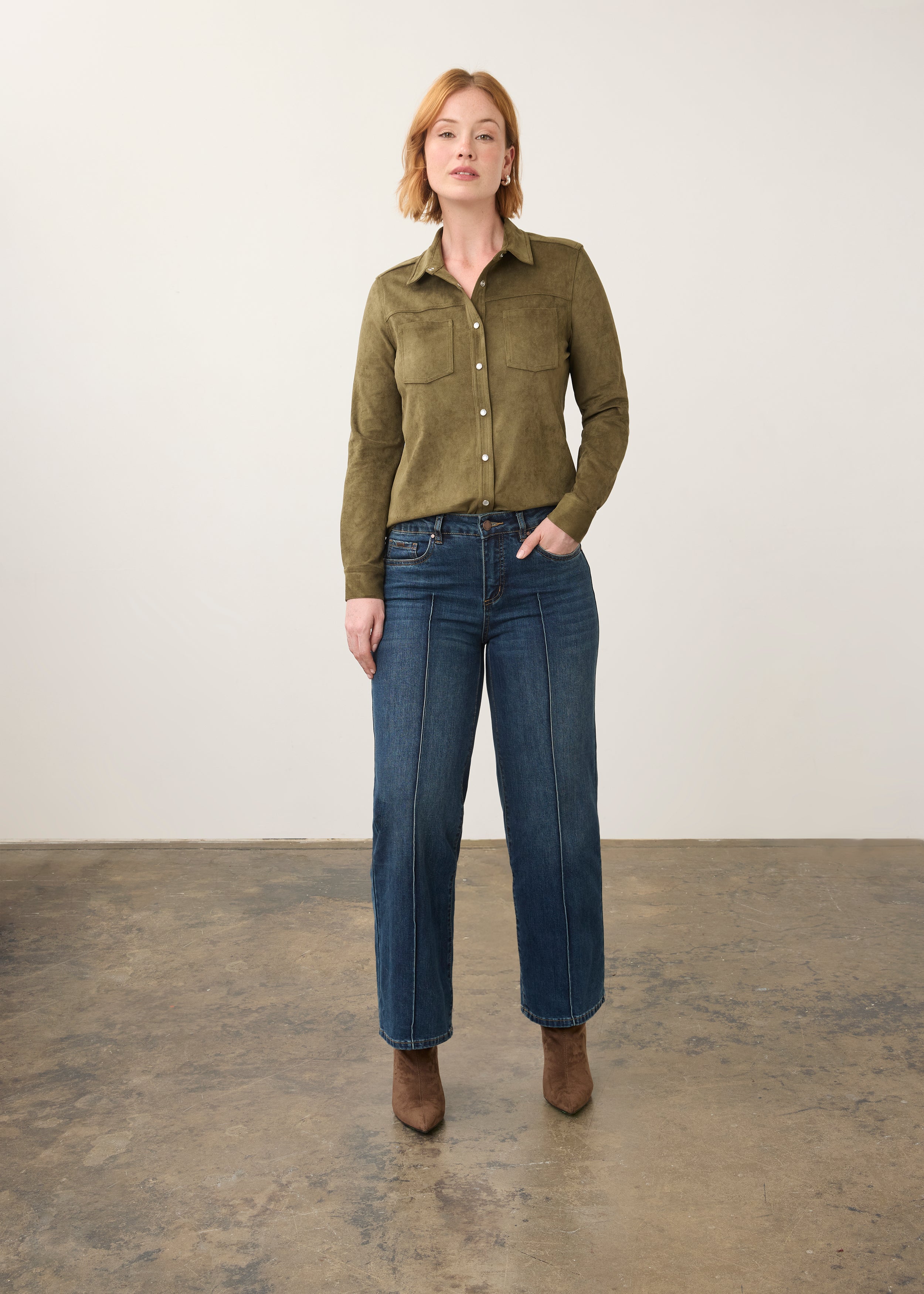 Full view of medium blue wide-leg denim showcasing mid-rise and relaxed fit by French Dressing Jeans (FDJ)