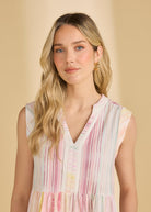 Close-up of sleeveless striped dress highlighting V-neck and soft fabric by French Dressing Jeans (FDJ)