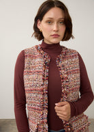 Close-up of multicolored textured vest showing buttonless open front by French Dressing Jeans (FDJ)