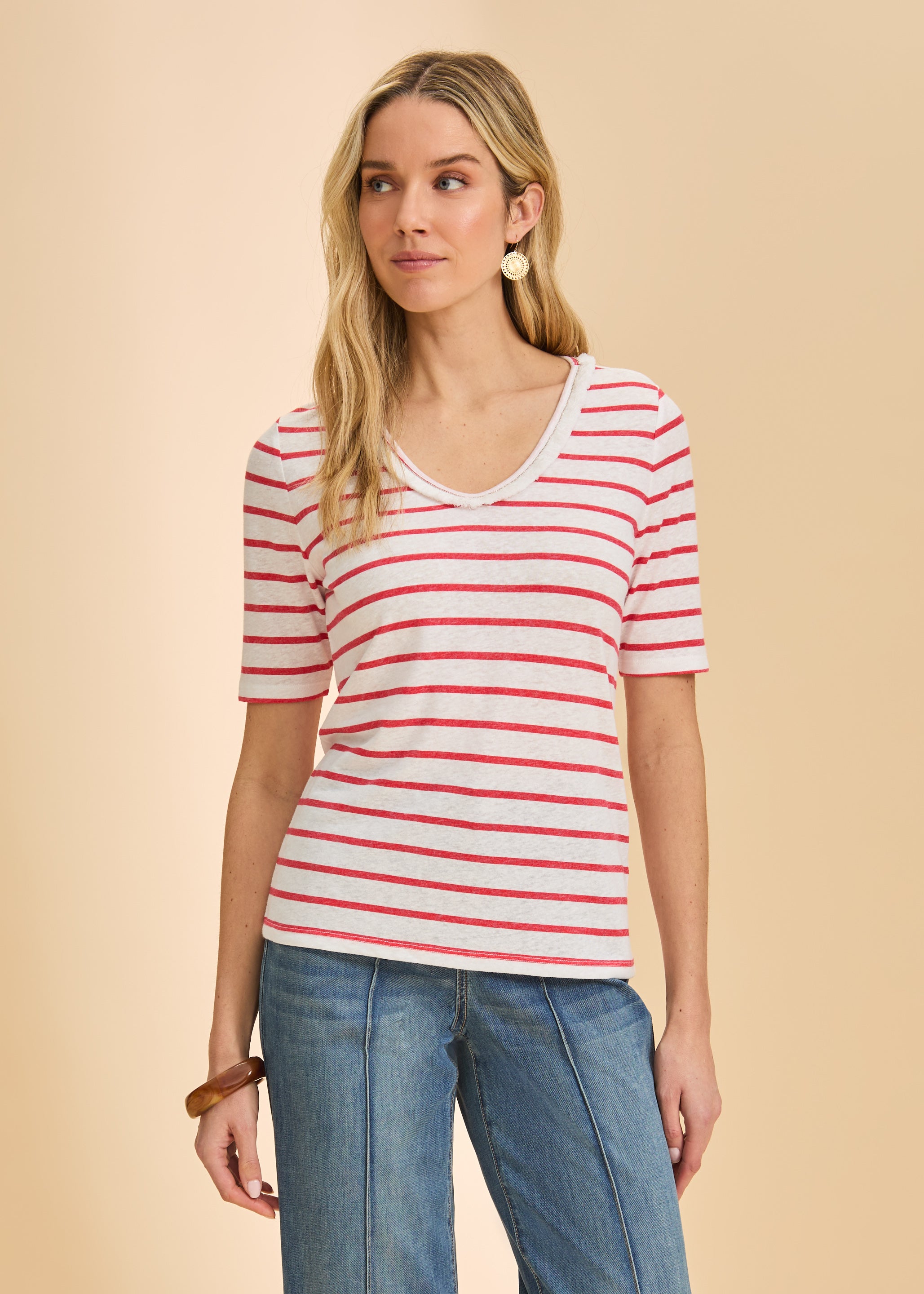 Front view of red striped V-neck short sleeve top with bright, casual look by French Dressing Jeans (FDJ)