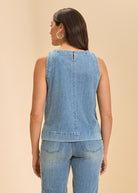 Back view of light blue sleeveless denim top showing closure detail by French Dressing Jeans (FDJ)