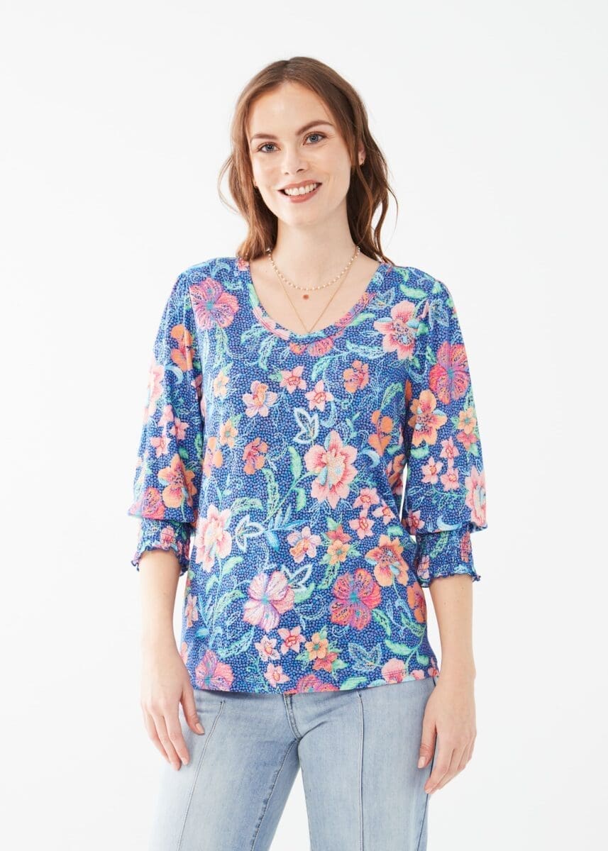 Floral V-Neck Top With Smocked Cuffs